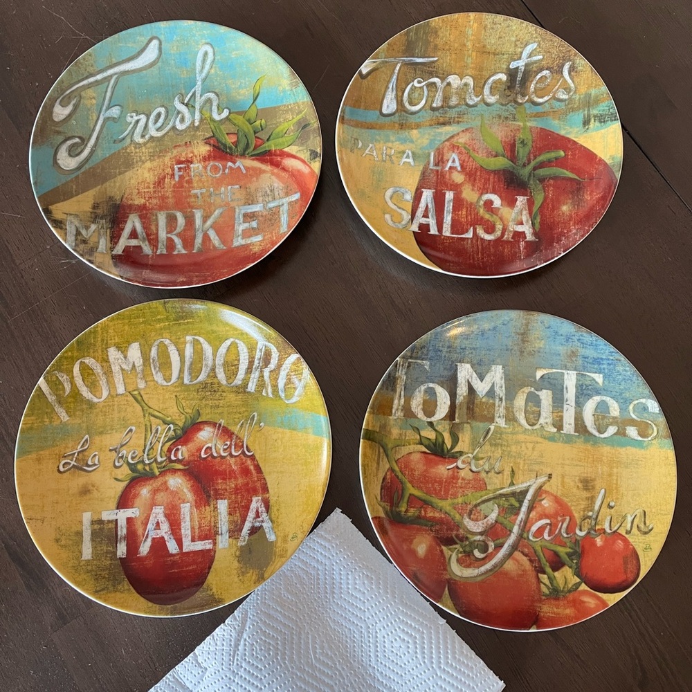 Set/4 Pier 1 Imports Ceramic 8.25” Plates Italian Tomato Fresh Market variety.